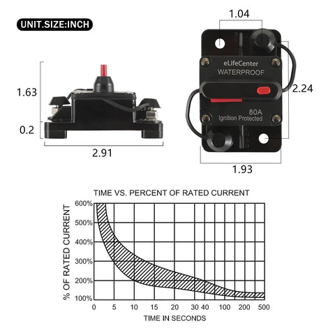 Pro Grade Manual Reset 80 Amp DC Circuit Breaker With Quick Toggle Switch For 12 To 48 Volt Systems Dual Pack, shown with dimensions.