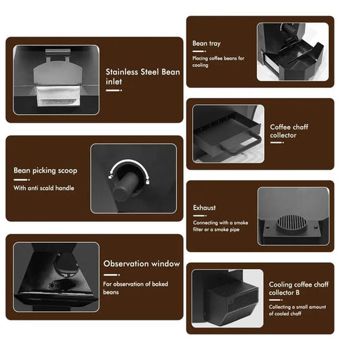 Kicking Up Your Daily Grind With This Heavy Duty Electric Coffee Bean Roaster Packing Nine Auto Roasting Curves And A Smart Smoke Filter Designed For Serious Home Cooks And Small Cafe Crews, showcasing parts like bean inlet, chaff collector.