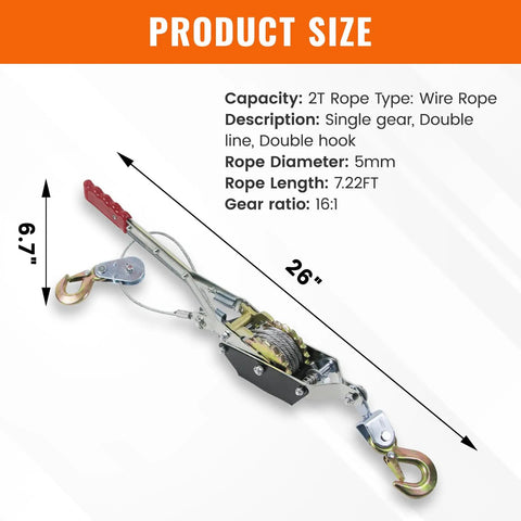 2 Ton Heavy Duty Come Along Winch With Ratchet Chain For Quick Lifts And Steady Pulls In The Garage Or On The Job Site A Solid Workhorse For Light To Medium Duty Towing And Lifting Tasks. product size diagram with 5mm wire rope, 16:1 gear, double hooks