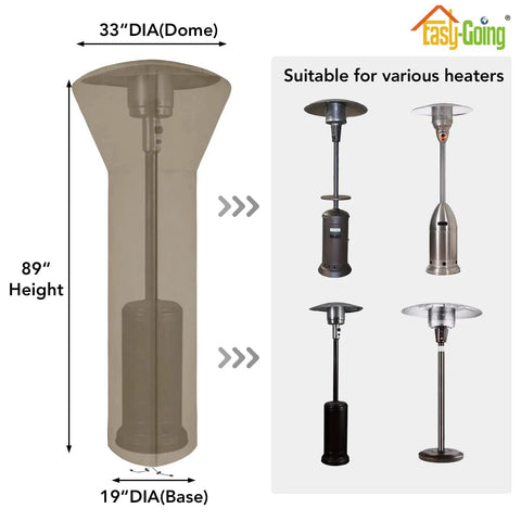 Patio Heater Cover With Zipper And Storage Bag All Weather Waterproof Dustproof UV Protected Wind Resistant Fits Most Propane Patio Heaters Camel 89 Inches High 33 Inches Diameter 19 Inches Base on various heater models.