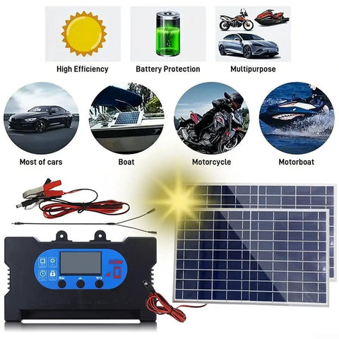 Compact 10W Solar Panel Kit With Integrated Charge Controller For Smooth 12V Battery Charging, includes panel and charge controller.