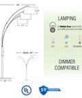 Diagram showing dimensions of Arc Floor Lamp With 3 Lights, 80 inches tall, modern brushed nickel finish, highlighting lamping options.