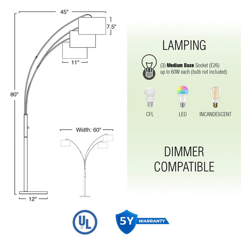 Diagram showing dimensions of Arc Floor Lamp With 3 Lights, 80 inches tall, modern brushed nickel finish, highlighting lamping options.