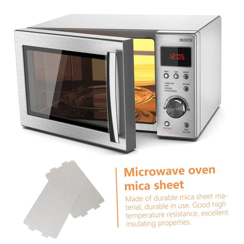 Microwave Mica Sheet Cover Set 6 Pcs Heat Insulation Waveguide Pad Crisper for Oven Replacement shown with microwave and text details