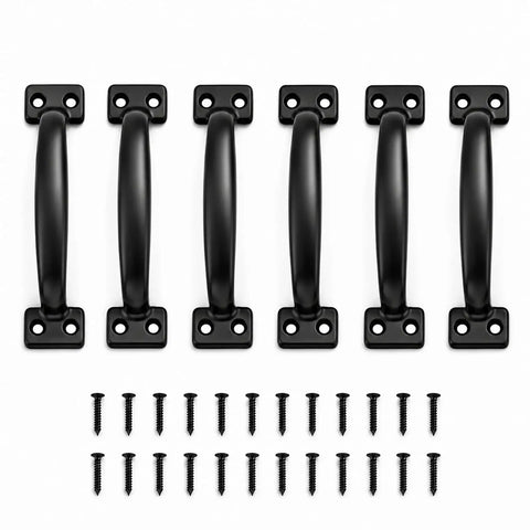 Heavy Duty Six Pack Gate Pull Door Handles Built Tough Five And Three Quarter Inch Black Metal Pulls For Wood Fence Shed Barn Door Cabinet And Screen Doors Includes Hardware Screws, six black metal pulls with screws
