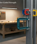 Heavy Duty Green Ductile Iron C Clamp For Secure Workholding And Tight Gluing Tasks With Smooth Screw Mechanism To Hold Pieces Firmly In Place, in a workshop setting.