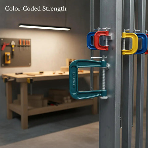 Heavy Duty Green Ductile Iron C Clamp For Secure Workholding And Tight Gluing Tasks With Smooth Screw Mechanism To Hold Pieces Firmly In Place, in a workshop setting.