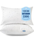 Two Pack 12x20 Inch Outdoor Throw Pillows Waterproof for Patio and Garden shown with water droplets, label 330G