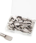 Nickel Plated Shelf Pins Set Of 50 5mm Diameter Fits 1/5 Inch Holes in clear plastic box, ideal for cabinets, shelves, and bookcases.