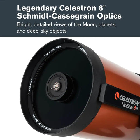 Close-up of NexStar 8SE Computerized Telescope With 8 Inch Schmidt Cassegrain Optics aperture, showcasing its lens
