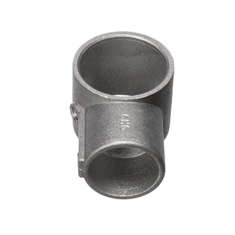 Smooth Brushed Aluminum Cross Brace Fitting Slaps Together Quick To Keep Your Custom Table Tops Dead Flat With Zero Shake By Bridging Your Heavy Duty One Five Eighth Inch Legs Straight To Crossbars, gray die cast aluminum connector.