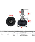 Heavy Duty Universal Adjustable Leveling Feet 4 Pack Built Like A Tank Stabilizer Pads with specifications for M8, M10, M12 threads.