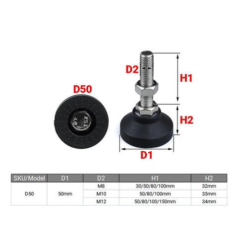 Heavy Duty Universal Adjustable Leveling Feet 4 Pack Built Like A Tank Stabilizer Pads with specifications for M8, M10, M12 threads.