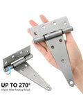 Heavy Duty Six Inch Stainless Steel Gate Hinges Tough As Nails Rust Resistant Tee Hinge For Outdoor Wooden Barn Gates And Fences Four Piece Kit showing wide rotation in hand.