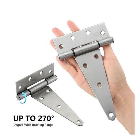 Heavy Duty Six Inch Stainless Steel Gate Hinges Tough As Nails Rust Resistant Tee Hinge For Outdoor Wooden Barn Gates And Fences Four Piece Kit showing wide rotation in hand.