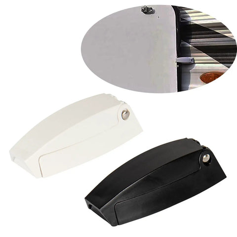 Premium ABS Camper Door Catch Square Design Holds Baggage Compartments Wide Open Securely Replaces Broken Hinges in black and white.