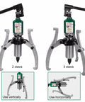 Heavy Duty Three Jaw Hydraulic Bearing Puller Set with 2 and 3 claws, showing vertical and horizontal use options.