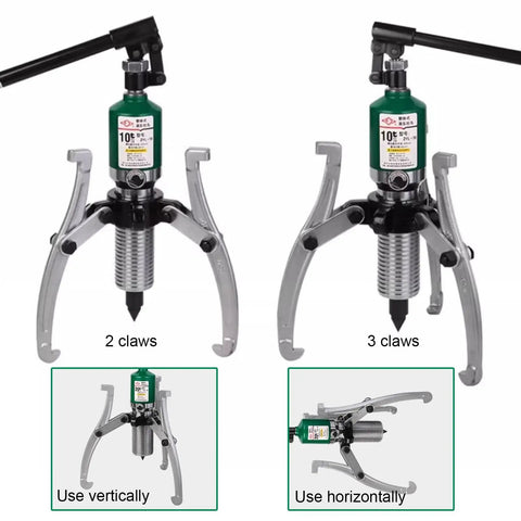 Heavy Duty Three Jaw Hydraulic Bearing Puller Set with 2 and 3 claws, showing vertical and horizontal use options.