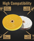 Super Thick 2 Pack 6 Inch Cotton Buffing Wheels Featuring 5/8 Inch Arbor Mount Heavy Duty White And Yellow Cotton Pads for various grinders.