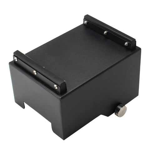 Espresso Knock Box With Tamping Station Base And Portafilter Stand, black stainless steel for 51mm portafilters, side view