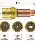 Pro Grade TIG Torch Consumables Kit includes gas lens sizes 1/16, 3/32, 1/8 inch for Series 17 18 26, shown with dimensions.