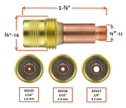 Pro Grade TIG Torch Consumables Kit includes gas lens sizes 1/16, 3/32, 1/8 inch for Series 17 18 26, shown with dimensions.