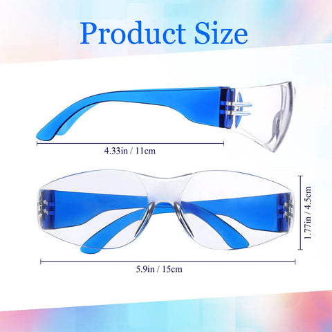 100 Pack Bulk Safety Glasses Featuring Bully Proof Polycarbonate Lenses And Heavy Duty Scratch Protection For Job Sites And Weekend Rigs Rainbow Mix Set size dimensions on a white background.