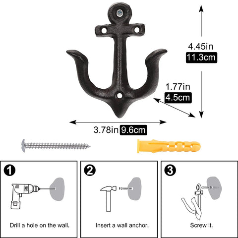 Nautical Sea Anchor Wall Hooks Set Of Four Cast Iron Vintage Coat Rack Heavy Duty Hangers For Bathroom Hallway Rustic Farmhouse Home Decor Built Different With Mounting Screws Black with dimensions and installation guide