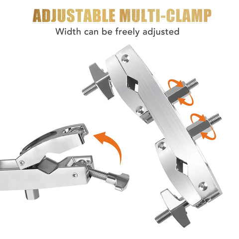 Heavy Duty Drum Clamp Mount With Extension Bar And Quick Release Multi Clamp For Secure Cymbal And Accessory Hooks Rust Resistant Zinc Alloy Build Dual Mount Brackets For Stable Gig Ready Setup adjustable multi-clamp with extension bar and quick-release screws, zinc alloy