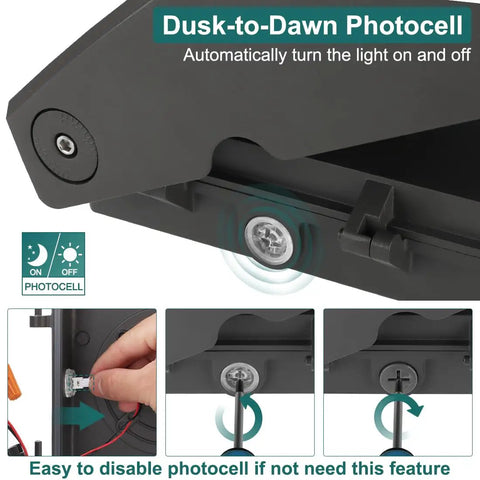 Close-up of Kickin Bright 30W LED Wall Pack Light with dusk-to-dawn photocell showing disable option and automatic sensor.