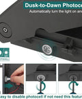 Close-up of dusk-to-dawn photocell feature on Mega Bright 100W LED Wall Pack Light with on/off control and disabling option.