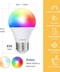 Smart WiFi LED Bulbs 6 Pack RGBW Color Changing Dimmable A19 60W Equivalent No Hub Needed Works With Alexa Google Home Remote Control App 2700K To 6500K 2nd Gen showcasing dimensions and features including 800lm brightness and color range.