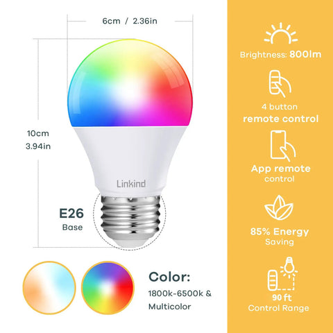 Smart WiFi LED Bulbs 6 Pack RGBW Color Changing Dimmable A19 60W Equivalent No Hub Needed Works With Alexa Google Home Remote Control App 2700K To 6500K 2nd Gen showcasing dimensions and features including 800lm brightness and color range.