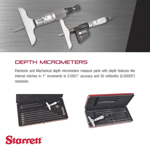 Micrometer Depth Gauge Set With Ratchet Speeder In Case, Plain Thimble, 0-3 Inch Range,.001 Inch Graduation, 2-1/2 Inch Base.