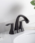 Solid Brass 4 Inch Centerset Bathroom Faucet With Two Handles And Drain Assembly Lead Free And ADA Compliant Bronze Gold Finish No Drip Water Saving Vanity Sink Tap For Modern Bathrooms, installed on a white countertop.