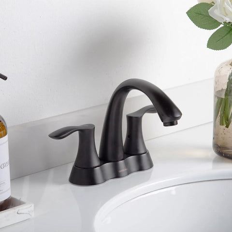 Solid Brass 4 Inch Centerset Bathroom Faucet With Two Handles And Drain Assembly Lead Free And ADA Compliant Bronze Gold Finish No Drip Water Saving Vanity Sink Tap For Modern Bathrooms, installed on a white countertop.