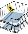 Two black steel front load letter trays with papers, labeled 2-pack, ideal for desk organization.