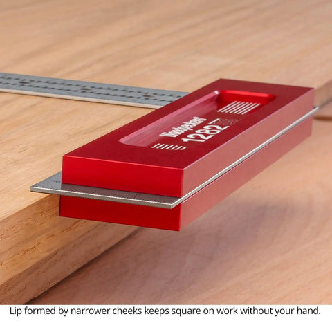 Precision Woodworking Square Set 6 Inch And 12 Inch Stainless Steel Self Standing With Scribing Notches USA Made shown on wood