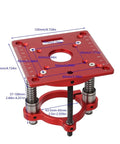 Rock Solid Precision Router Lift And Woodworking Table Insert Plate with measurements and height adjustment, suitable for 65mm collets.