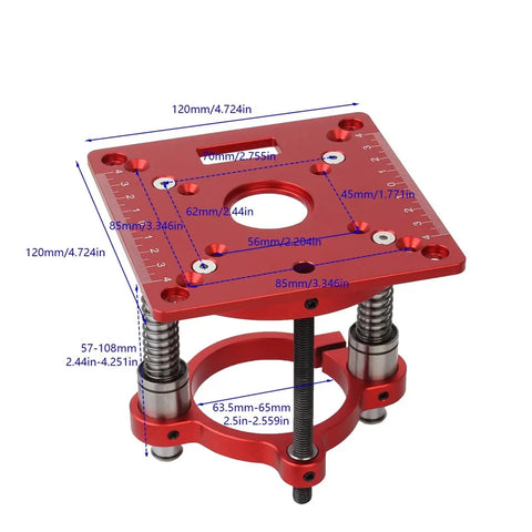 Precision Router Lift And Table Insert Plate For Woodworking Tables Featuring An Adjustable Steel Base showing dimensions and features.