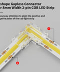L-shaped gapless connector for 8mm 2 Pin COB LED Strip showing alignment for 8mm 2 Pin COB LED Connector Kit With 12 Gapless L Shaped Corner Connectors Solderless Extensions For 5V 9V 12V 24V COB LED Strip Lights Must Have For DIY Lighting Projects