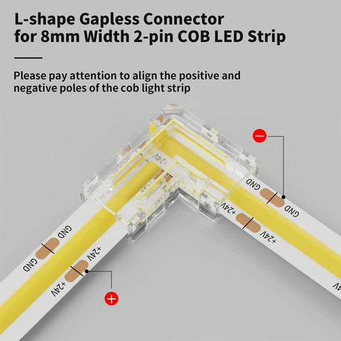 L-shaped gapless connector for 8mm 2 Pin COB LED Strip showing alignment for 8mm 2 Pin COB LED Connector Kit With 12 Gapless L Shaped Corner Connectors Solderless Extensions For 5V 9V 12V 24V COB LED Strip Lights Must Have For DIY Lighting Projects