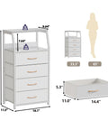 Tall 4 Drawer Dresser With Wood Top And Sturdy Steel Frame For Bedroom Or Hallway Storage Vertical Storage Nightstand Organizer In White with dimensions and weight capacity illustration