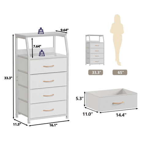 Tall 4 Drawer Dresser With Wood Top And Sturdy Steel Frame For Bedroom Or Hallway Storage Vertical Storage Nightstand Organizer In White with dimensions and weight capacity illustration