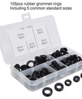 105 Piece Rubber Grommet Set For Wiring, Plumbing, And Cables, Guards Wires From Friction, Built Tough Rubber Construction, Five-Size Variety For Easy Replacement And DIY Projects. 105pcs rubber grommet rings in a 5-size storage box, 4mm to 10mm