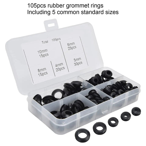105 Piece Rubber Grommet Set For Wiring, Plumbing, And Cables, Guards Wires From Friction, Built Tough Rubber Construction, Five-Size Variety For Easy Replacement And DIY Projects. 105pcs rubber grommet rings in a 5-size storage box, 4mm to 10mm