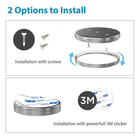 Under Cabinet LED Puck Lights With Dimmer, 12 Pack, installation options with screws or 3M sticker for easy mounting.