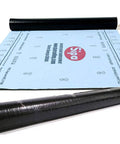 Top Shelf Synthetic Roof Underlayment 100 Gsm Knockout Waterproof Membrane, black roll and blue backing laid out.