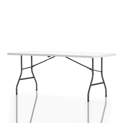 Six Foot Fold In Half Blow Molded Folding Table For Indoor And Outdoor Use With Comfort Handle Lightweight Plastic Top