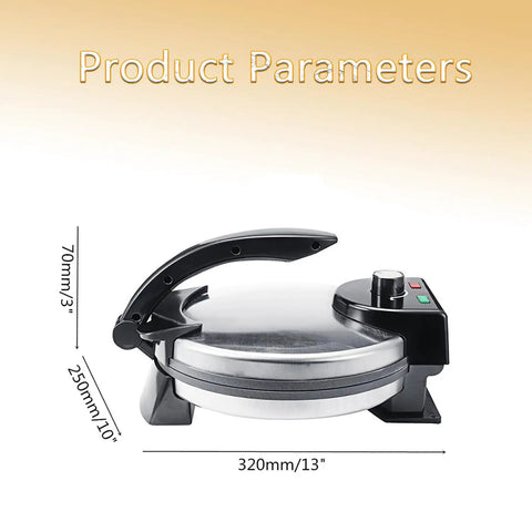 Super Sweet 10 Inch Electric Roti Maker Machine side view, showing stainless steel build and adjustable heat control.